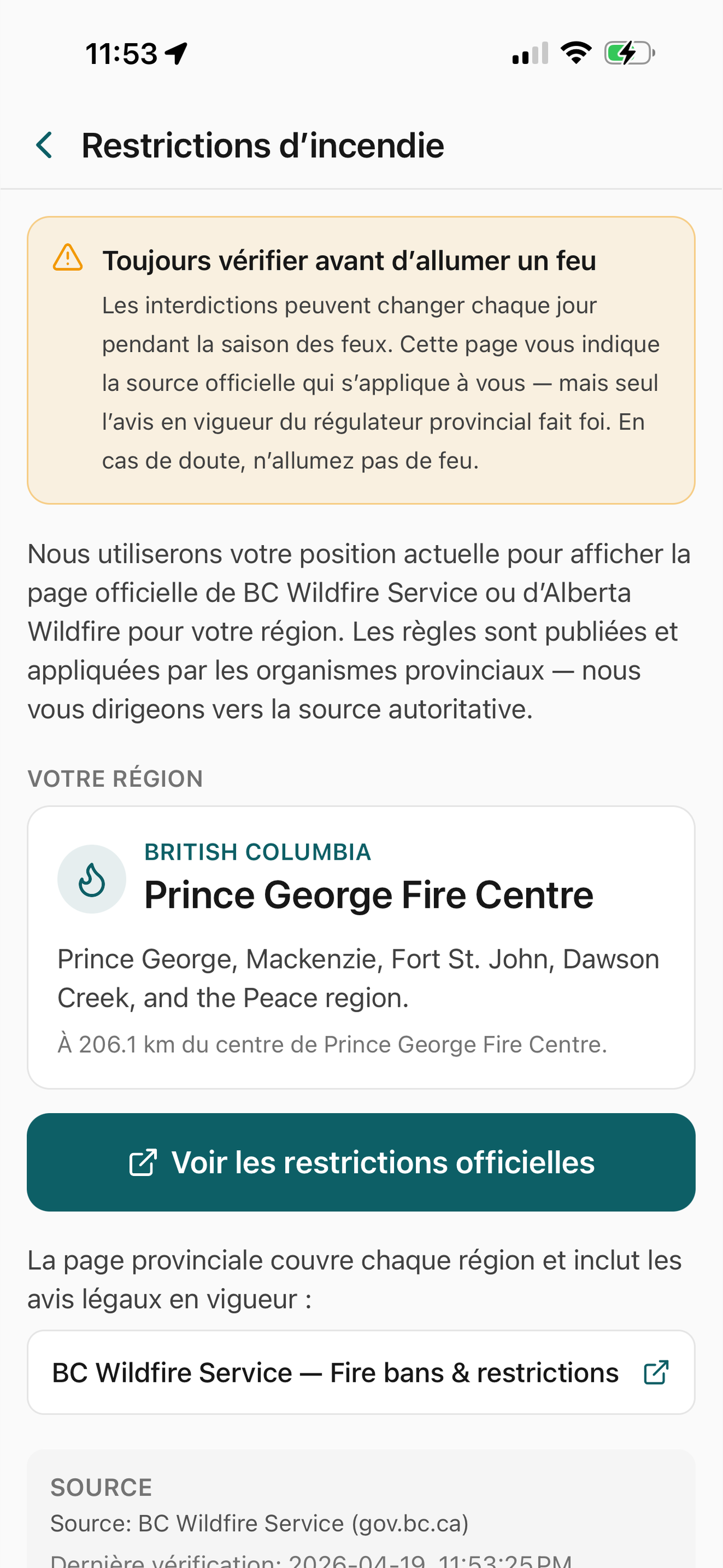 Écran de consultation des restrictions de feux