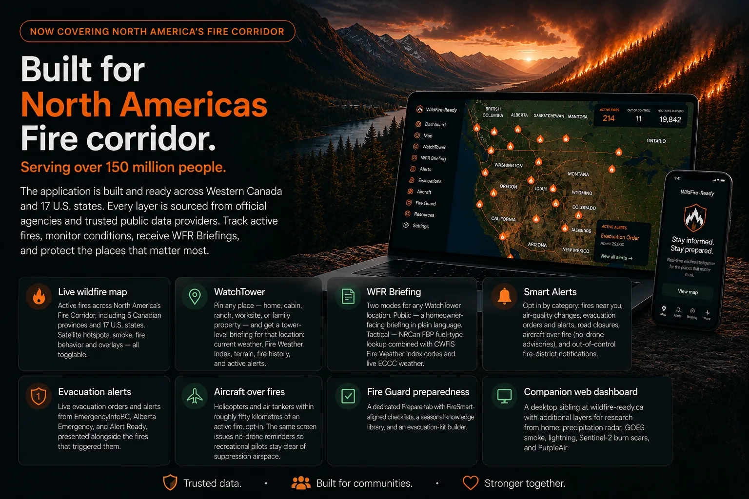 Built for North America's wildfire corridor: live wildfire map across Western Canada and the western US, WatchTower for any saved place, WildFire-Ready briefings, smart alerts, evacuation alerts, aircraft over fires, Fire Guard preparedness, and a companion web dashboard. Deepest coverage in BC and Alberta.